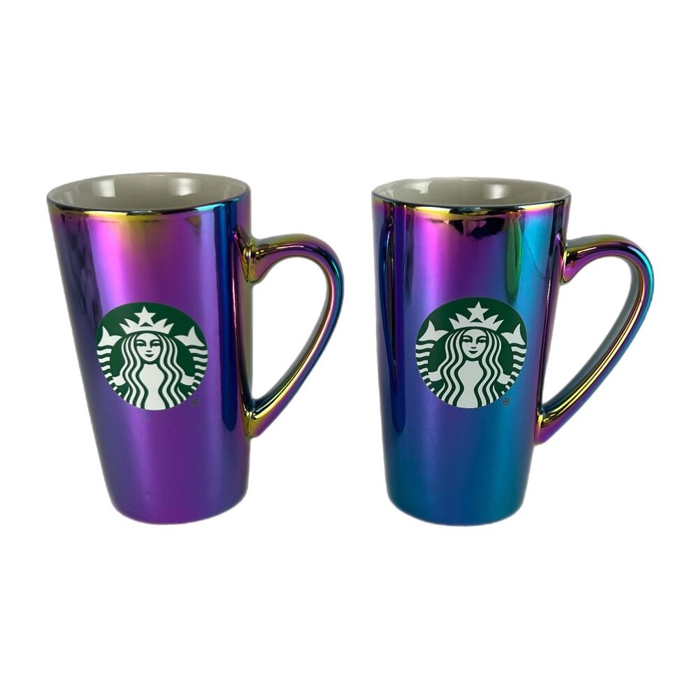 Set of 2 Starbucks 16oz Iridescent Oil Slick Ceramic Mugs LIGHT DAMAGE/SEE PHOTO